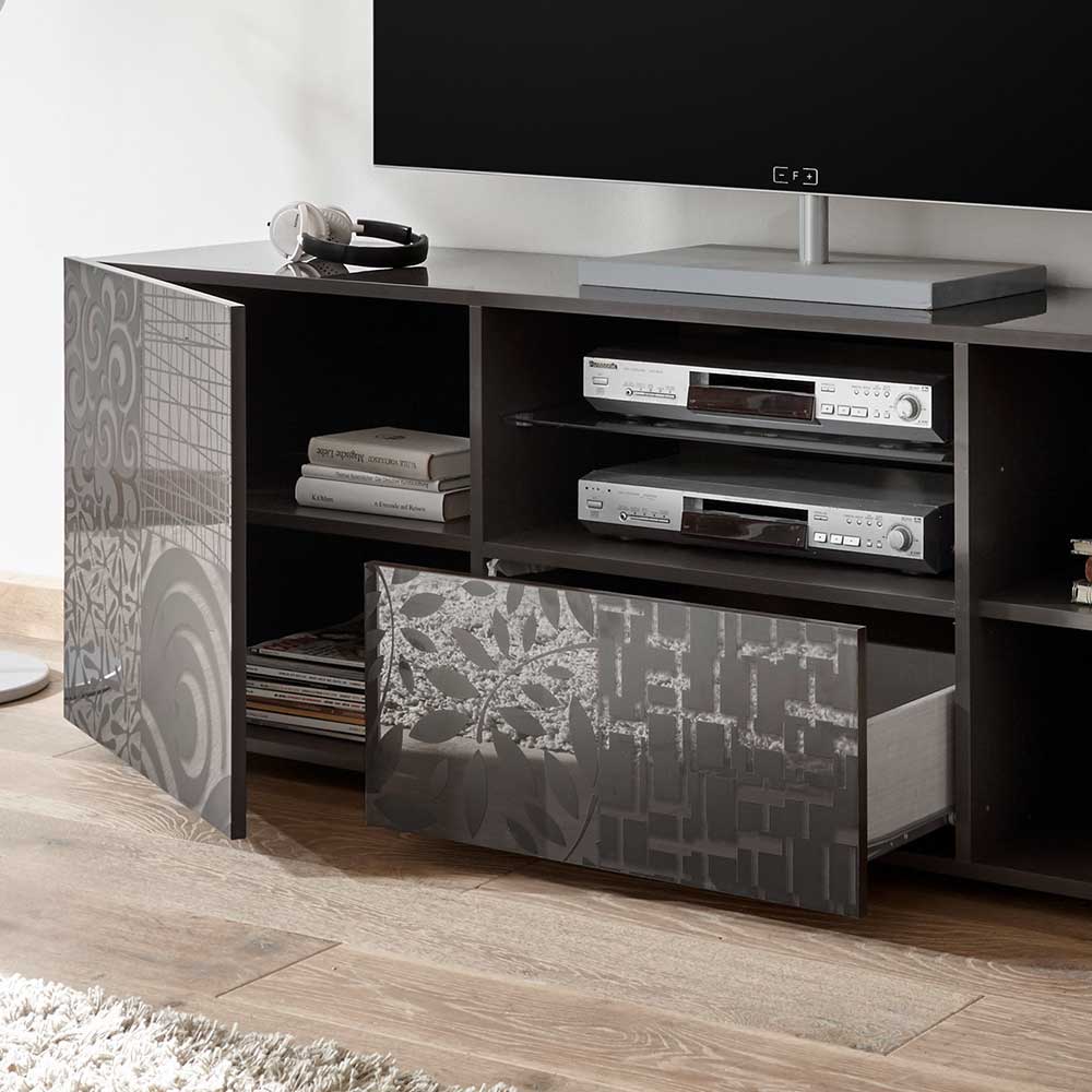 TV Lowboard Hancieda in Anthrazit Hochglanz mit floralem Siebdruck verziert