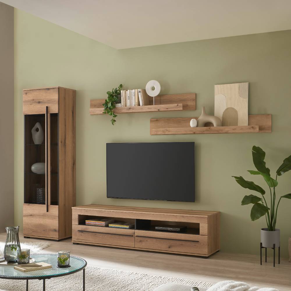Wohnwand modern Cemutra in Eichefarben 200 cm hoch (vierteilig)