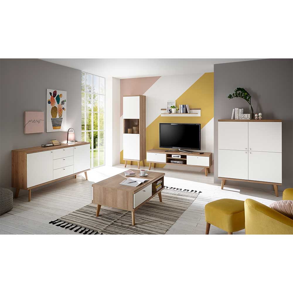 Wohnzimmer Kombination Levanca in Weiß und Eiche im Skandi Design (sechsteilig)