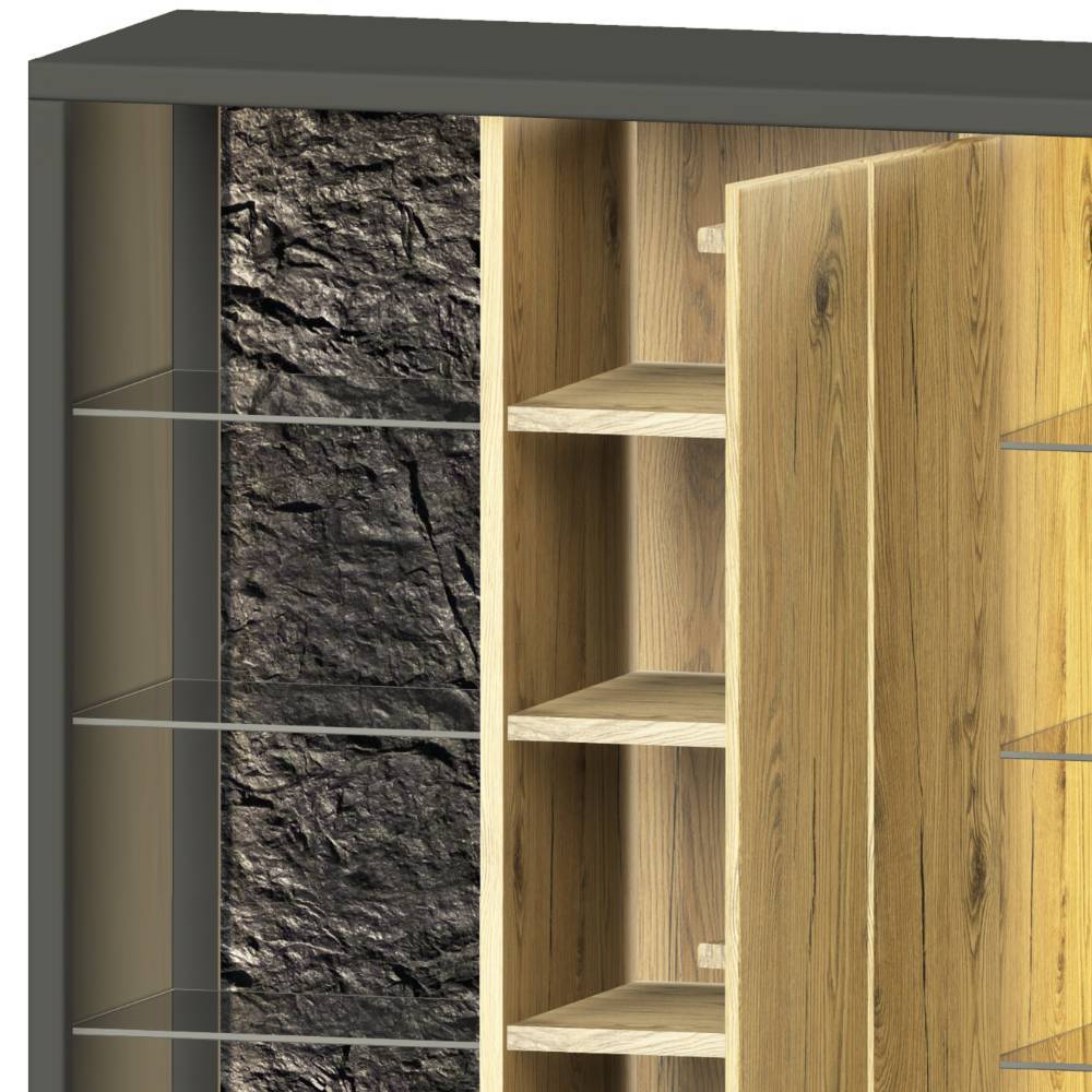 Wohnzimmer Highboard Ostoro in Schwarzgrau und Wildeiche Bianco