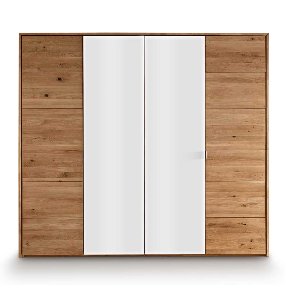 Holzkleiderschrank Licandro aus Wildeiche Massivholz mit weißem Glas