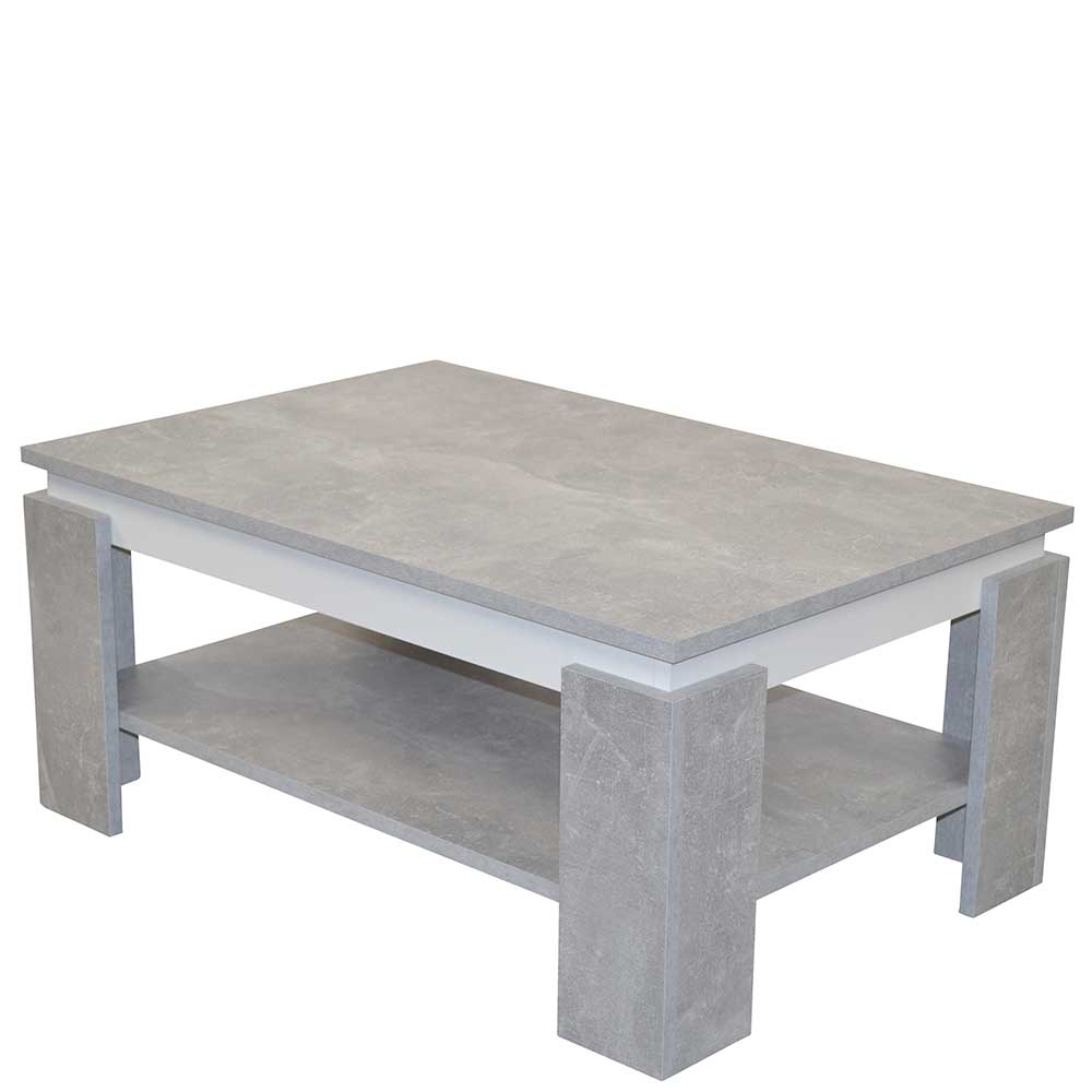 Sofa Tisch Chaya in Beton Optik und Weiß mit Vierfußgestell und Ablage