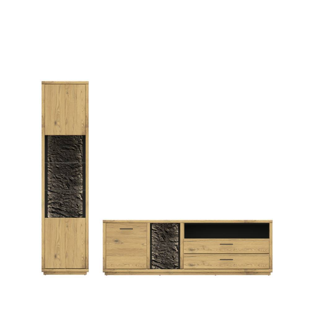 Schrankwand Wohnzimmer Ostoro in Wildeiche Bianco 206 cm hoch (zweiteilig)