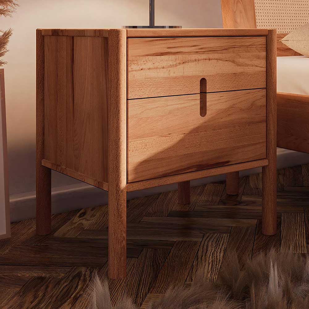 Echtholzbett Artjes aus Wildbuche Massivholz und Rattan