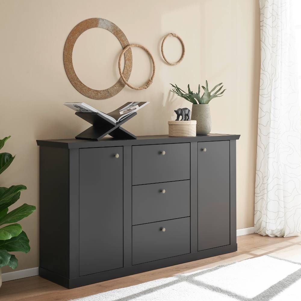 Sideboard Enjta in Schwarz matt mit Metallgriffen