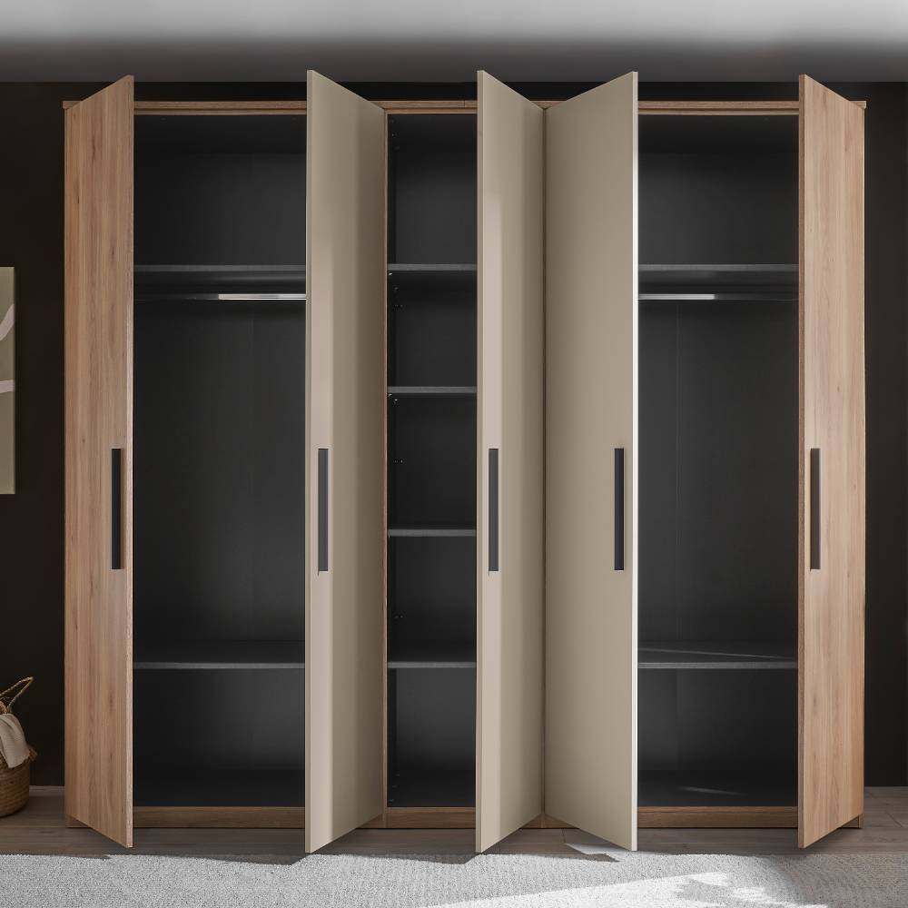 Drehtürenschrank Mero in Hellgrau und Holzoptik foliert
