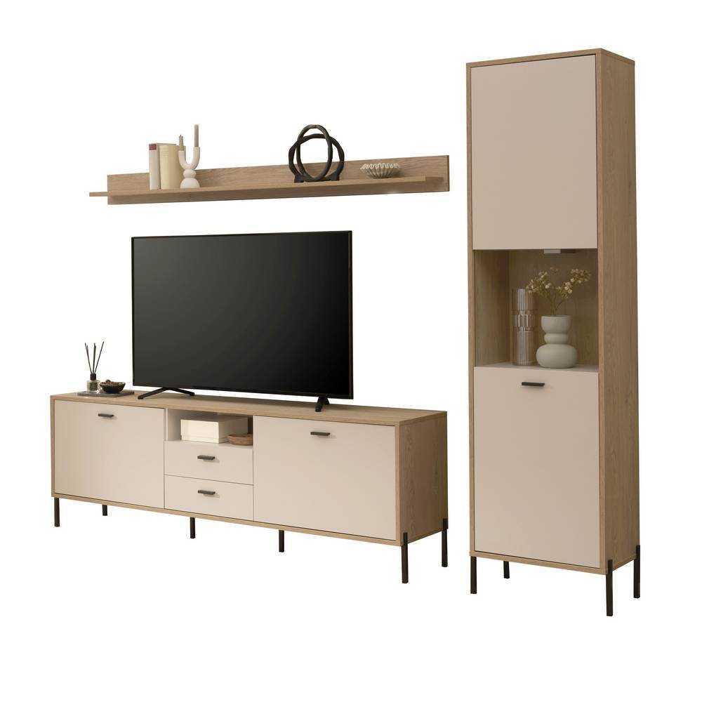 Wohnwand modern Zimena in Beige und Eichefarben (dreiteilig)