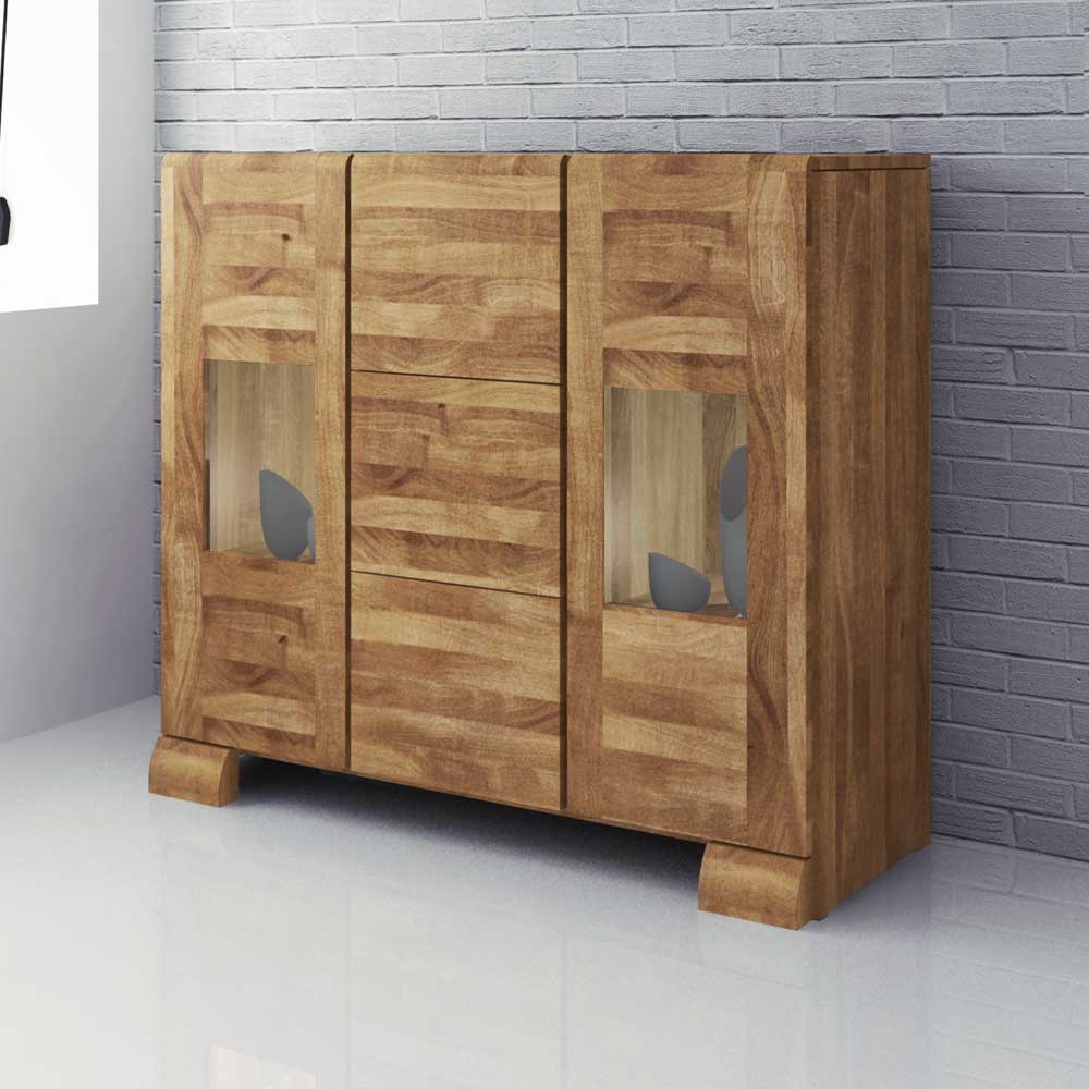 Landhaus Sideboard Sascora aus Wildeiche Massivholz Glas 120 cm