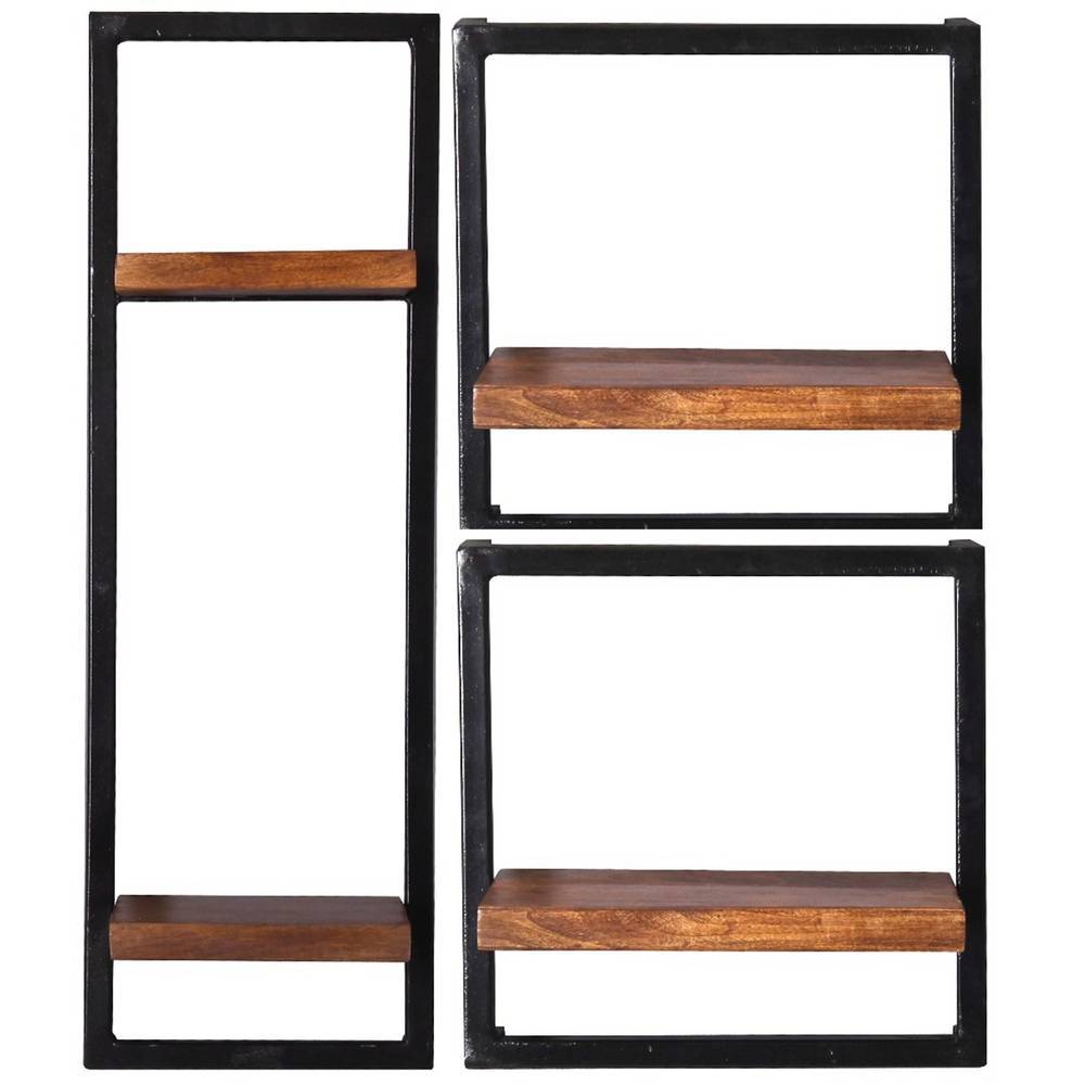Drei Wand Regale Sovecca aus Mangobaum Massivholz und Metall (dreiteilig)