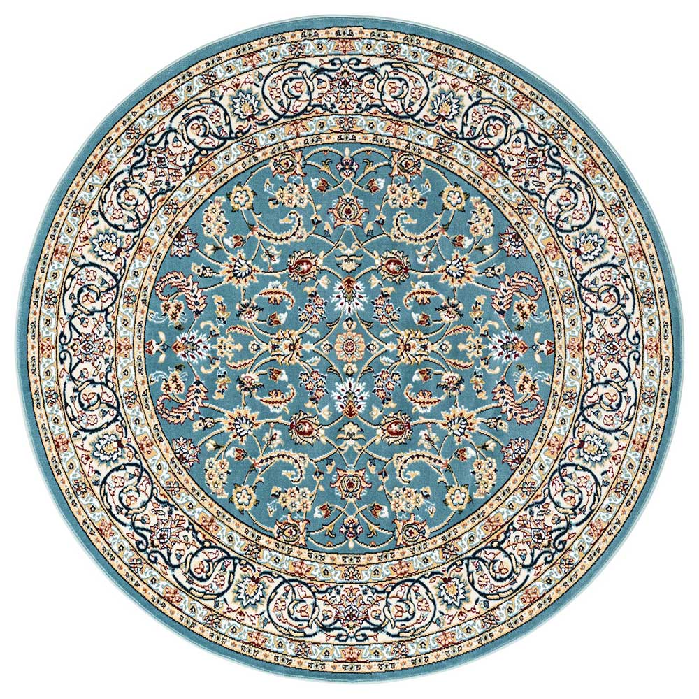 Runder Teppich Troyesa im orientalischen Stil in Blau und Creme