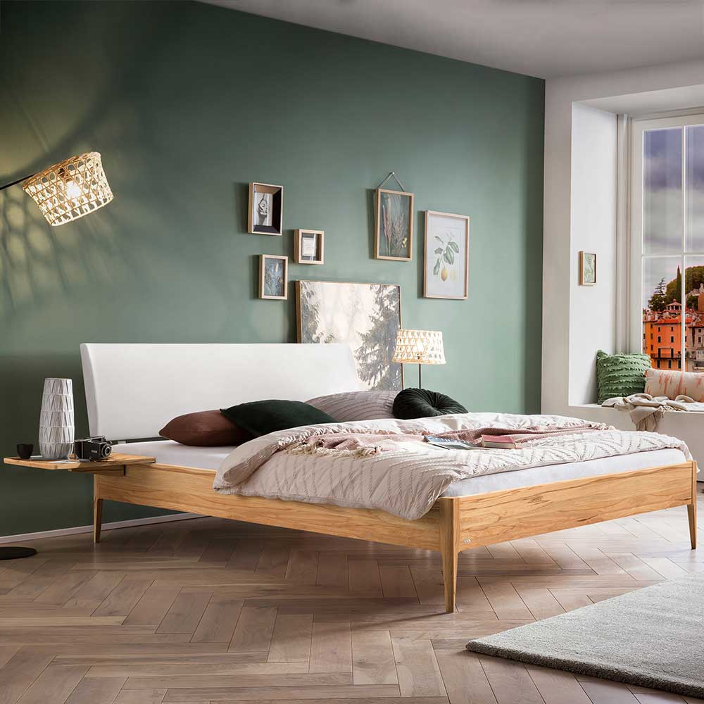 Wildbuche 140x200 Bett Bafata mit Polsterkopfteil in Weiß