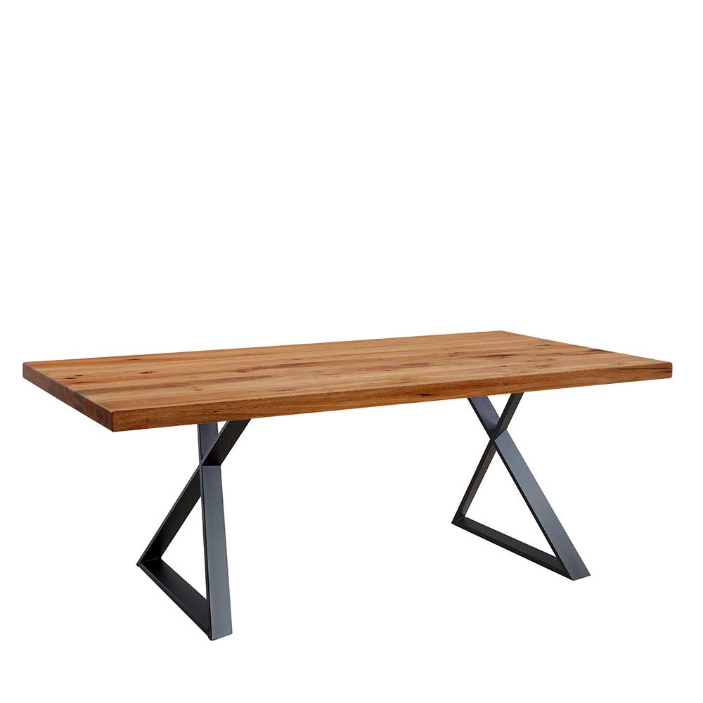 Moderner Holztisch Yagego aus Zerreiche Massivholz mit Metall Bügelgestell