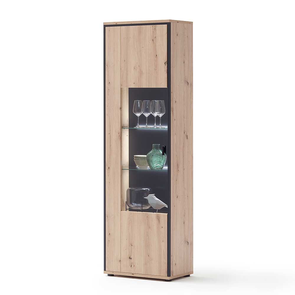 Standvitrine Geronda in Anthrazit und Eiche Optik 210 cm hoch
