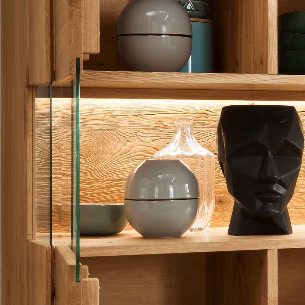 Vitrinen Highboard Onitos aus Wildeiche Massivholz 145 cm hoch