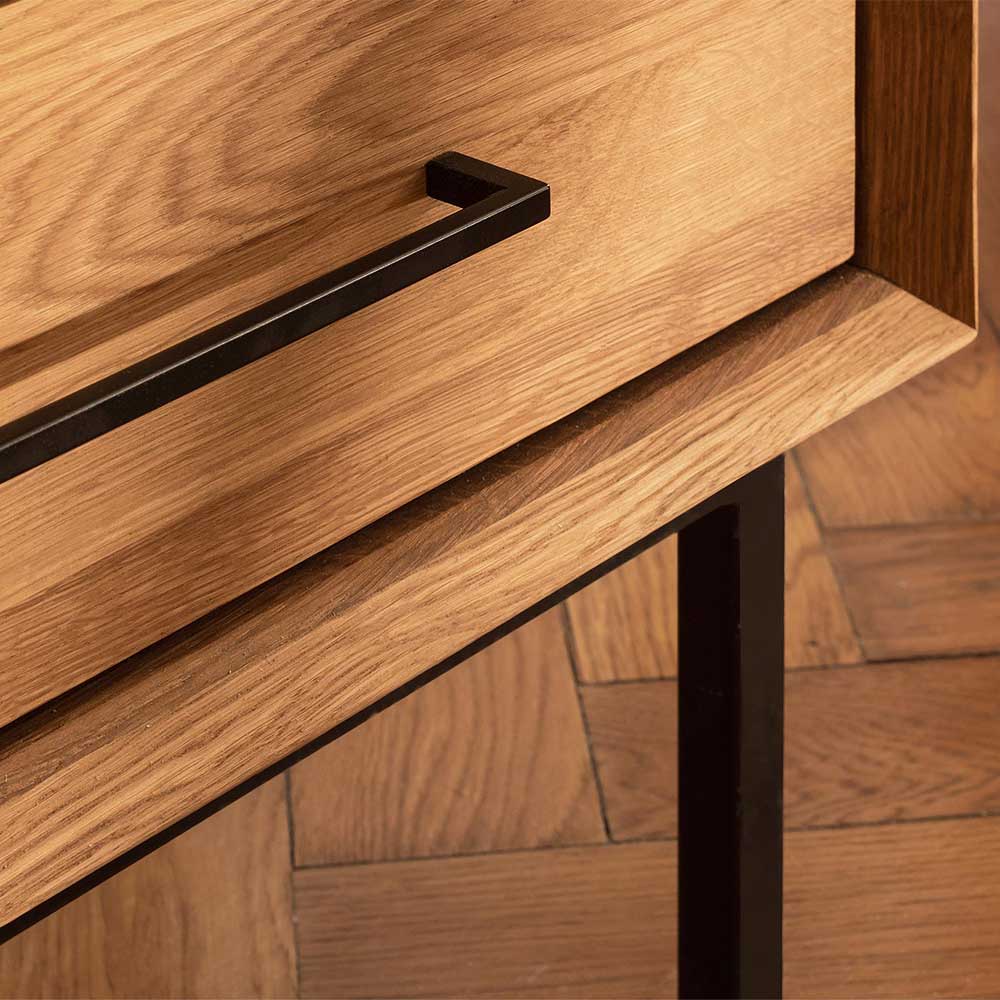 Wildeiche Holzbett Yalley im Skandi Design mit Gestell aus Metall