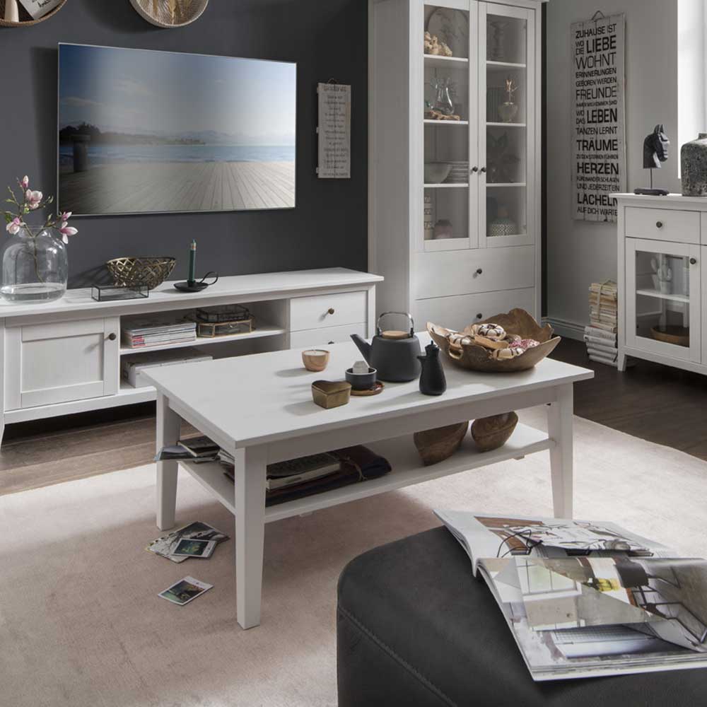 Weißer Wohnzimmer Tisch Brostian im Landhausstil mit einer Ablage