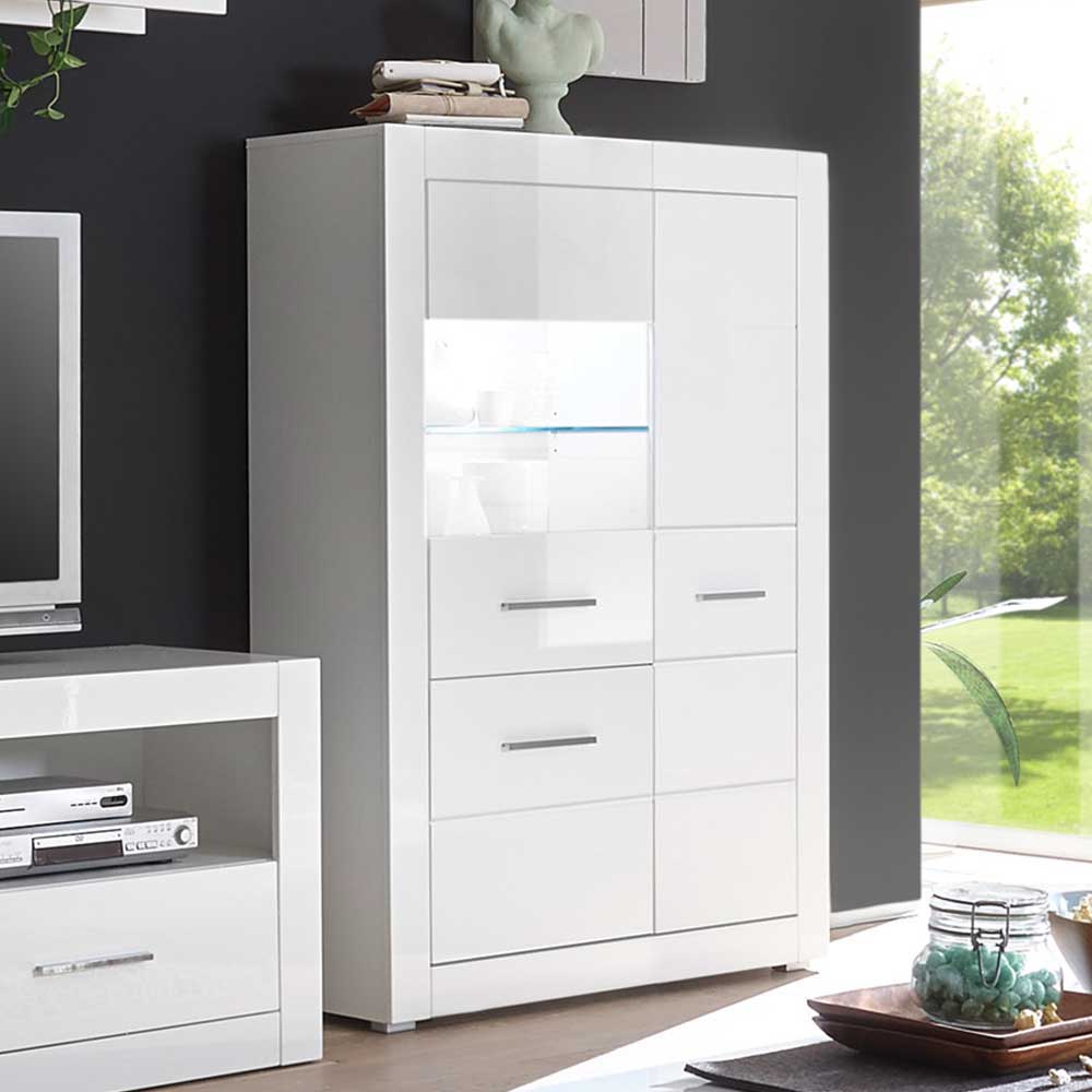 Wohnzimmer Highboard Triango in Weiß Hochglanz mit Glastür
