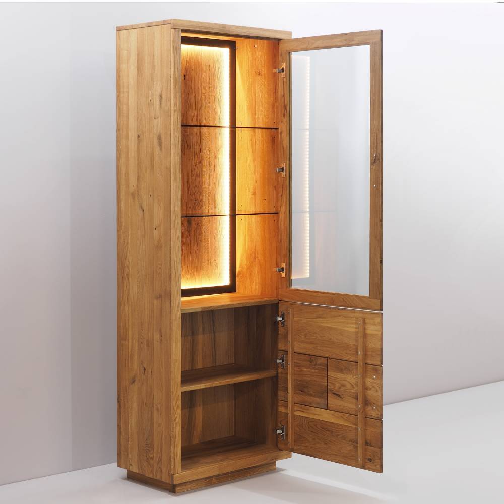 Stauraumvitrine Lasito aus Eiche Massivholz mit Hirnholz Applikation