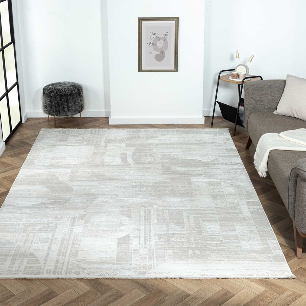 Kurzflor Teppich Ostora in Cremefarben und Beige rechteckig