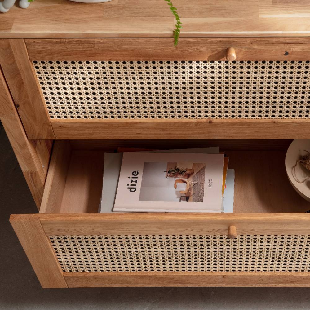 Massivholzkommode Felictas aus Rattan und Wildeiche Massivholz