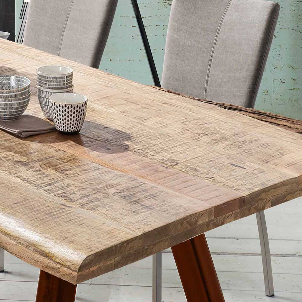 Baumkanten Tisch Ribera aus Mangobaum Massivholz mit A-Fußgestell in Braun