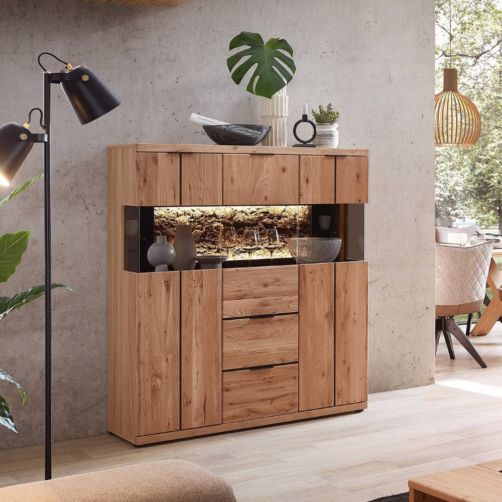 Wohnzimmer Highboard Emly in Wildeiche Bianco und modernem Design