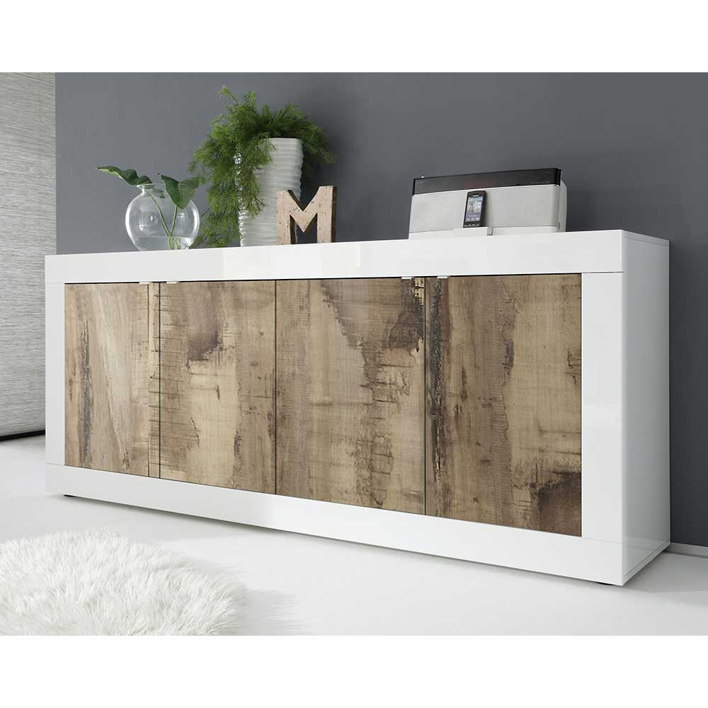 Sideboard Yuelva in Weiß und verwitterter Holz Optik 4 türig