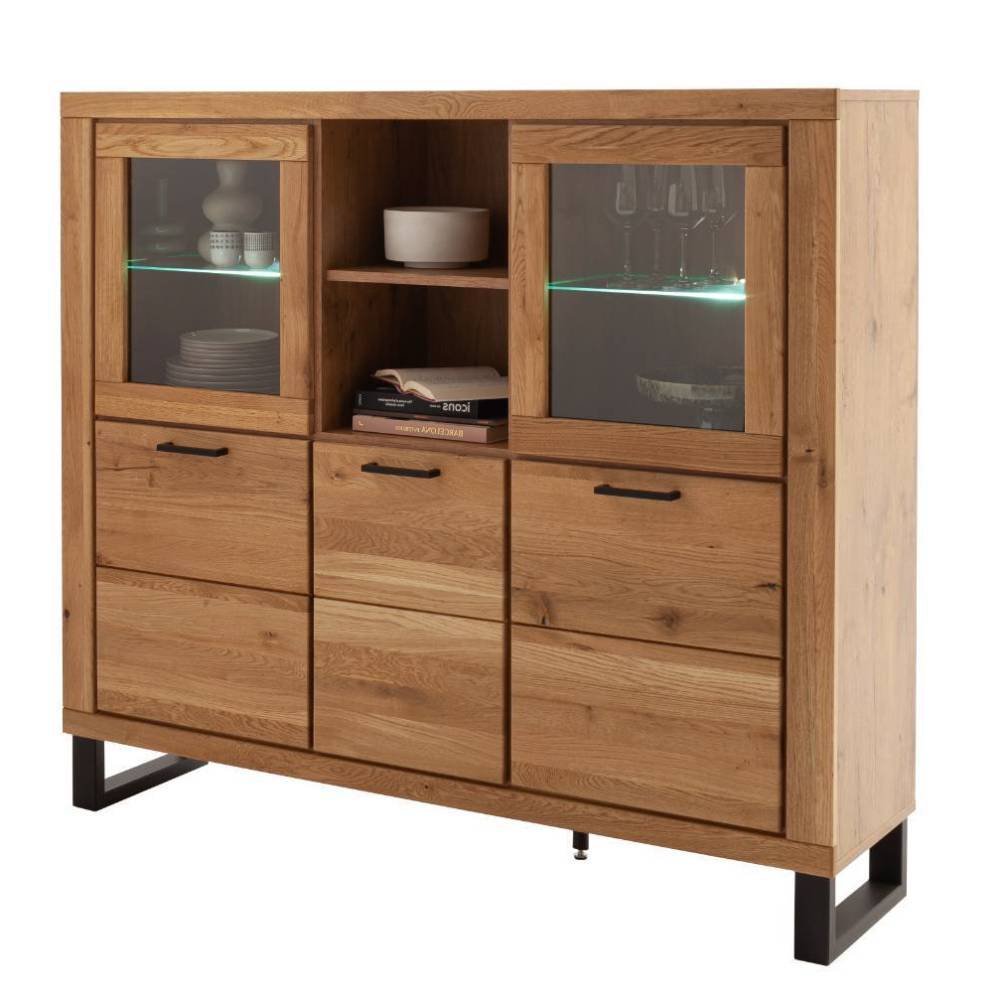 Wohnzimmer Highboard Suzana in Wildeichefarben mit Glastüren
