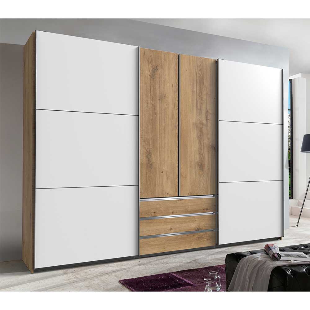 Großer Schlafzimmerschrank Gizmeal in Weiß und Plankeneiche Holzoptik