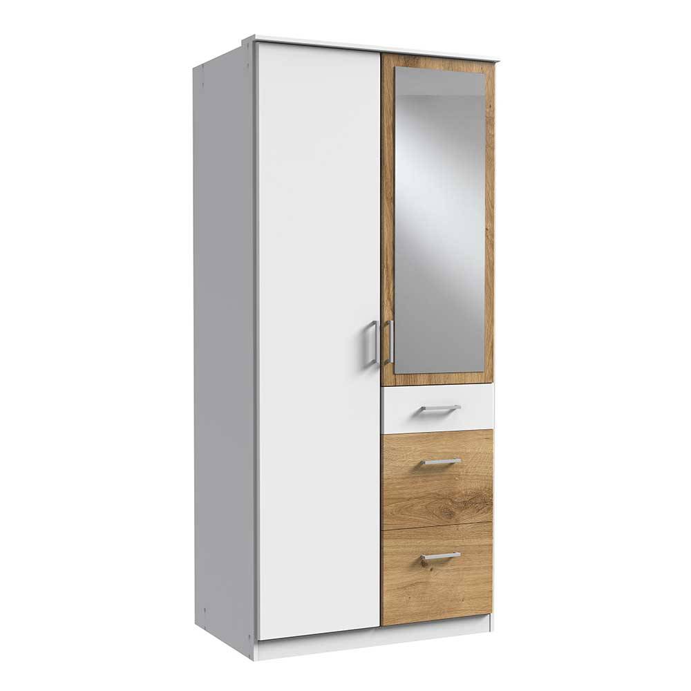 Schrank mit Spiegel Cerhard in Plankeneiche Holzoptik und Weiß 91 cm breit