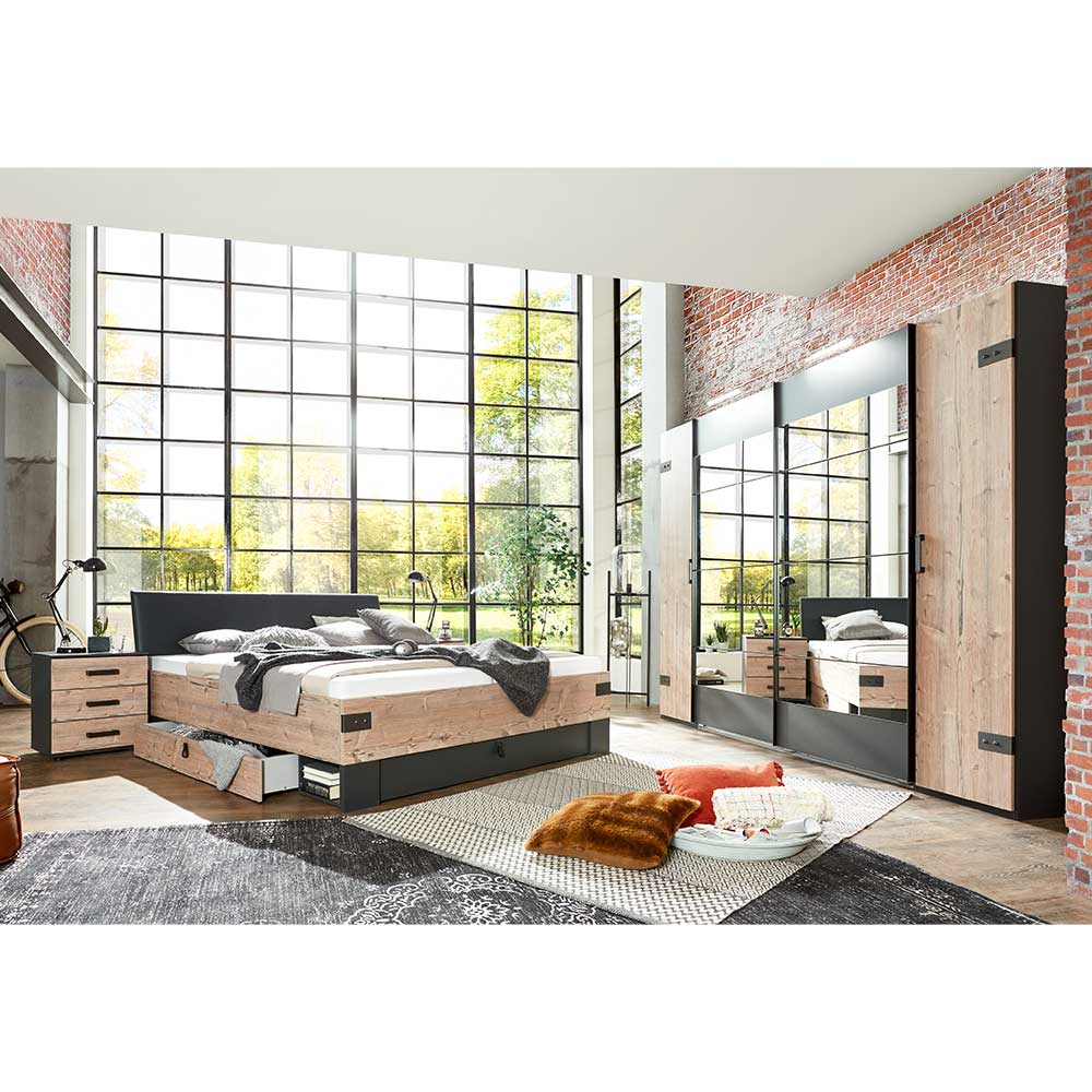 Schlafzimmermöbel Vedra im Industrie und Loft Stil mit Bettkasten (vierteilig)