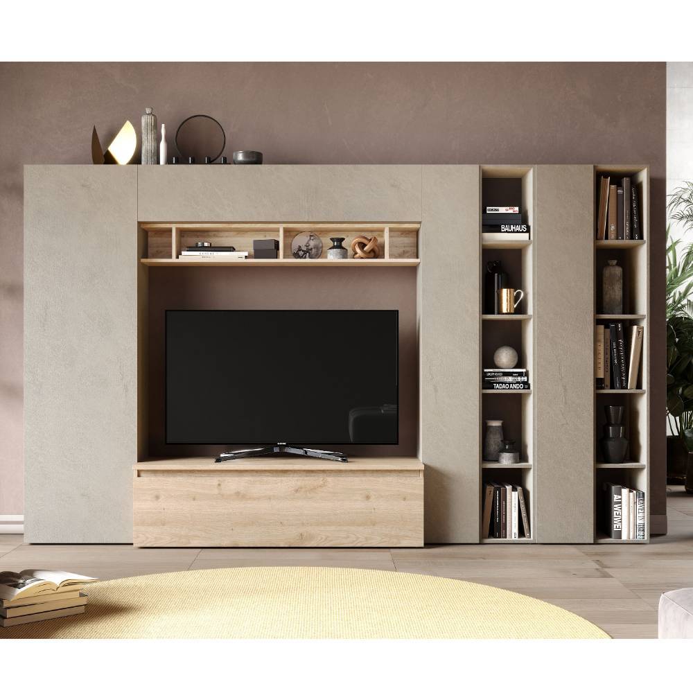 TV Wohnwand Tinello in Beton Grau und Wildeiche hell (achtteilig)