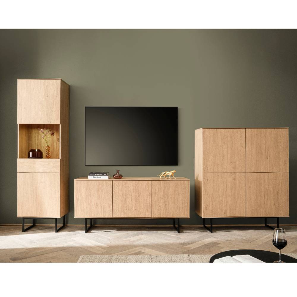 Wohnwand modern Carno in Eiche Stone Holzoptik 200 cm hoch (dreiteilig)