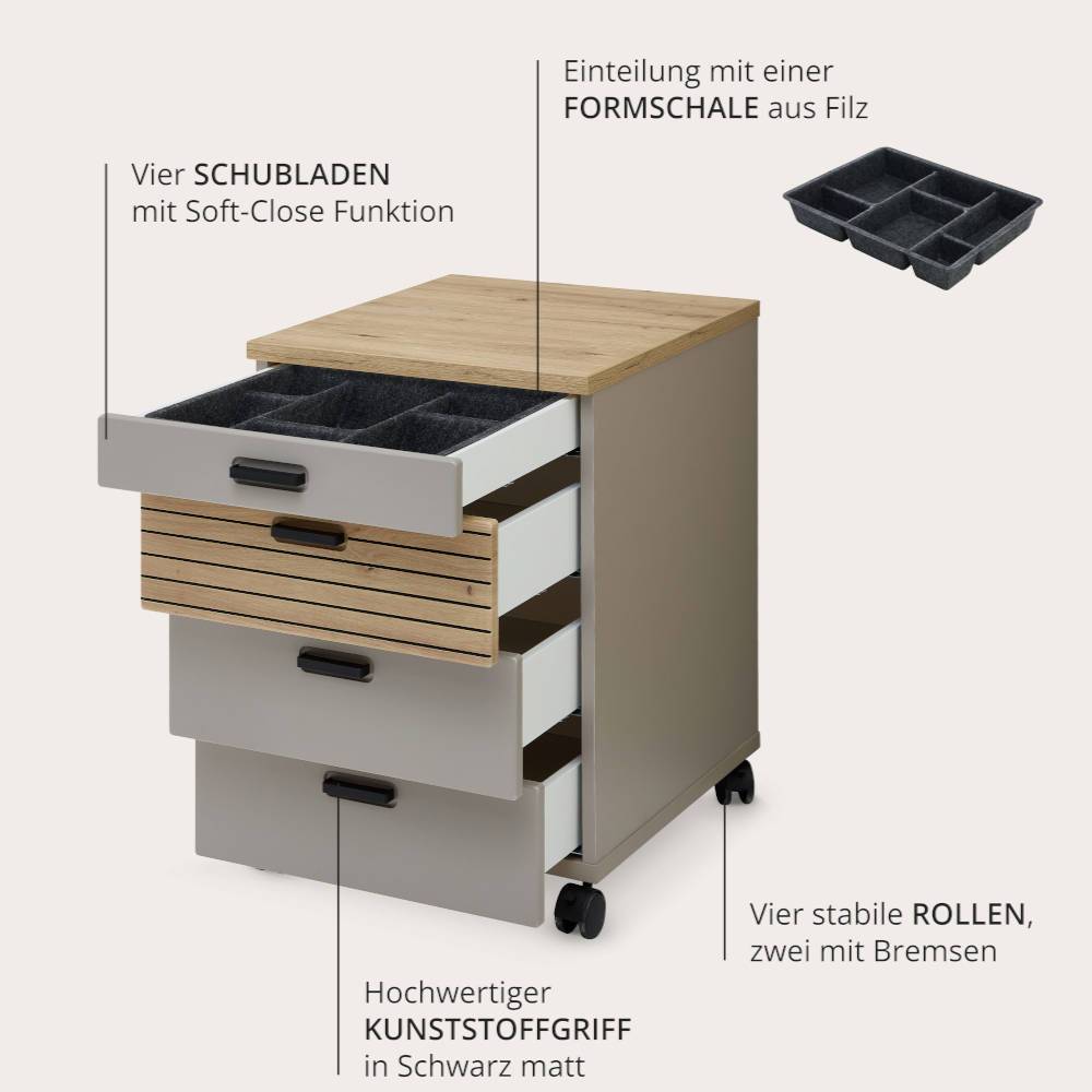 Schreibtischrollcontainer Junetega mit vier Schubladen 66 cm hoch