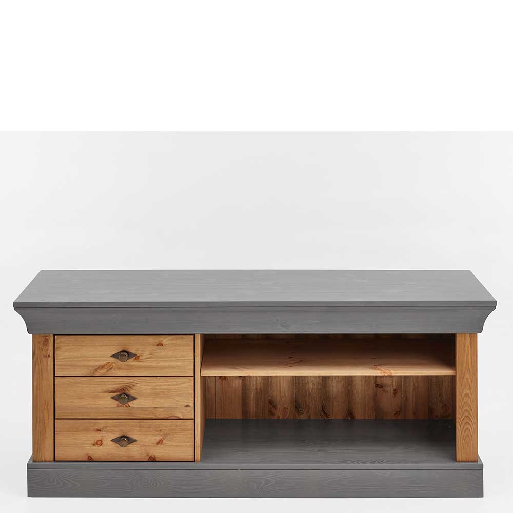 TV Board Viaduca in Grau und Kiefer teilmassiv mit drei Schubladen