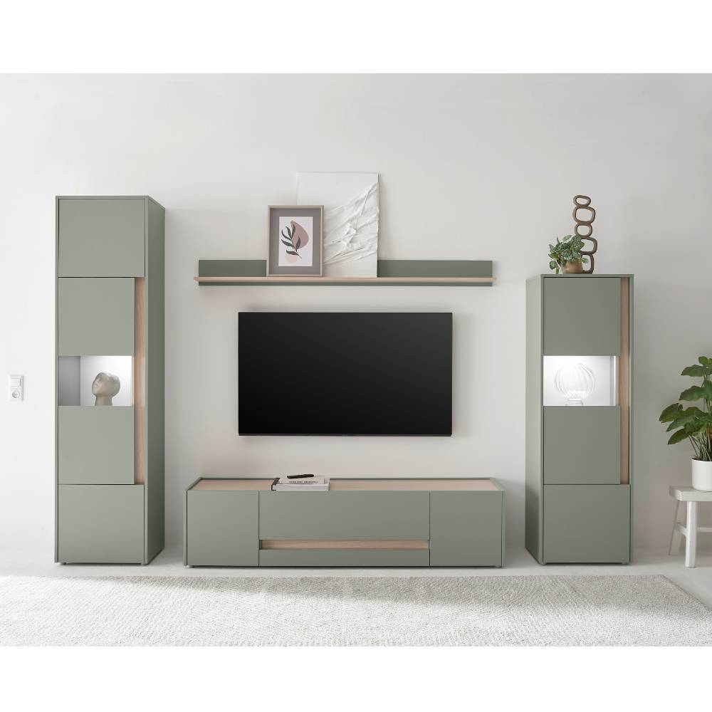 Wohnzimmer Anbauwand Ulfava in Graugrün und Eichefarben (vierteilig)