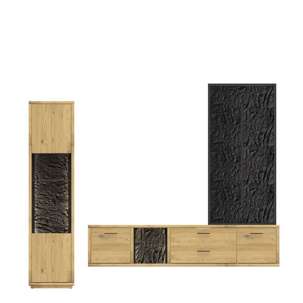 Wohnwand Massivholz Ostoro in Wildeiche Bianco 225 cm hoch (dreiteilig)