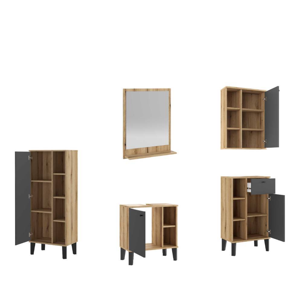 Badmöbel Set modern Pattinos in Wildeichefarben und Grau (fünfteilig)