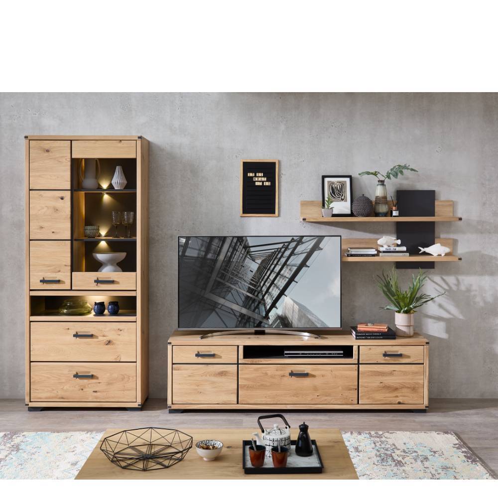 TV Wohnwand Tablonero in Wildeichefarben mit LED Beleuchtung (dreiteilig)
