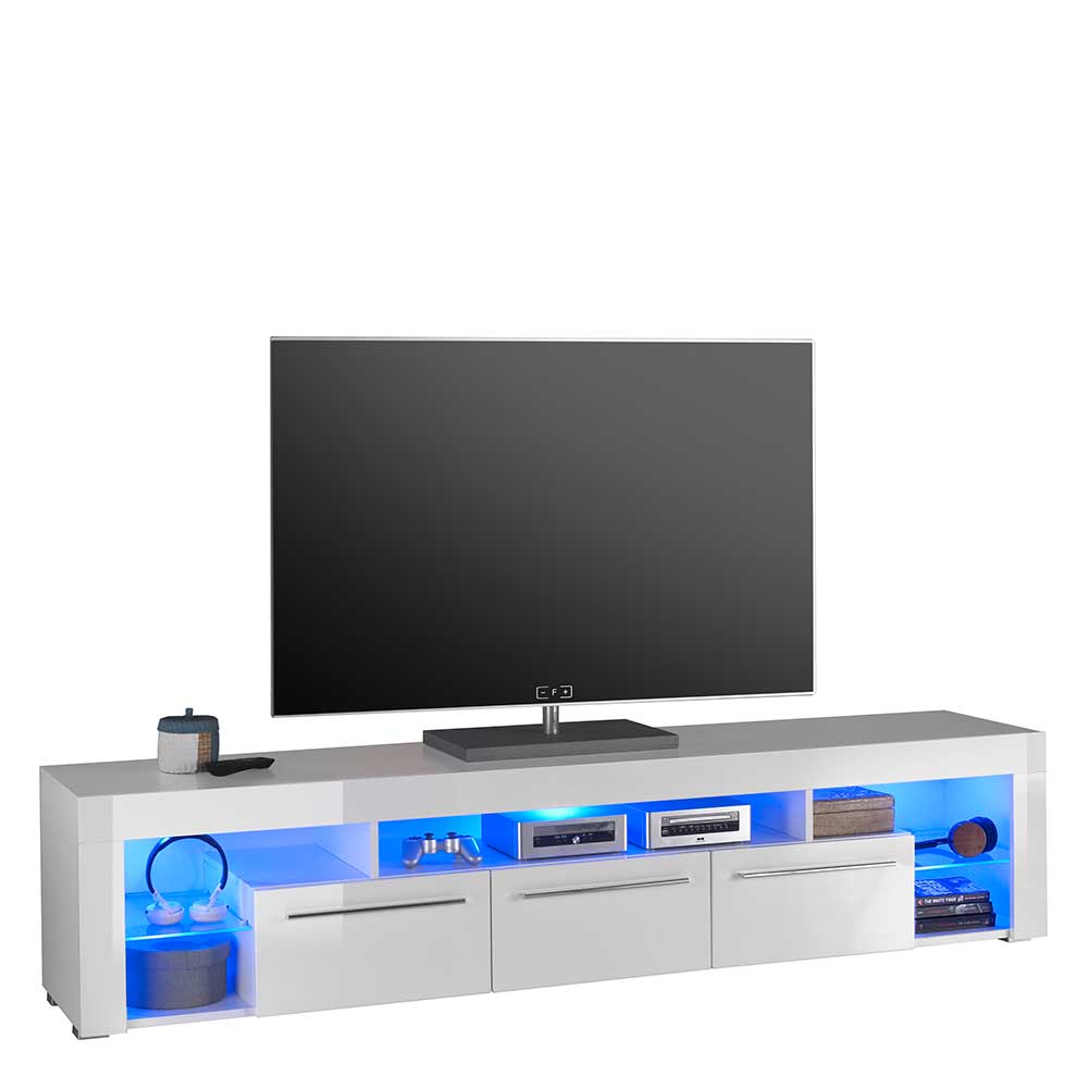 2 Meter TV Lowboard Deda in Weiß Hochglanz mit LED Beleuchtung