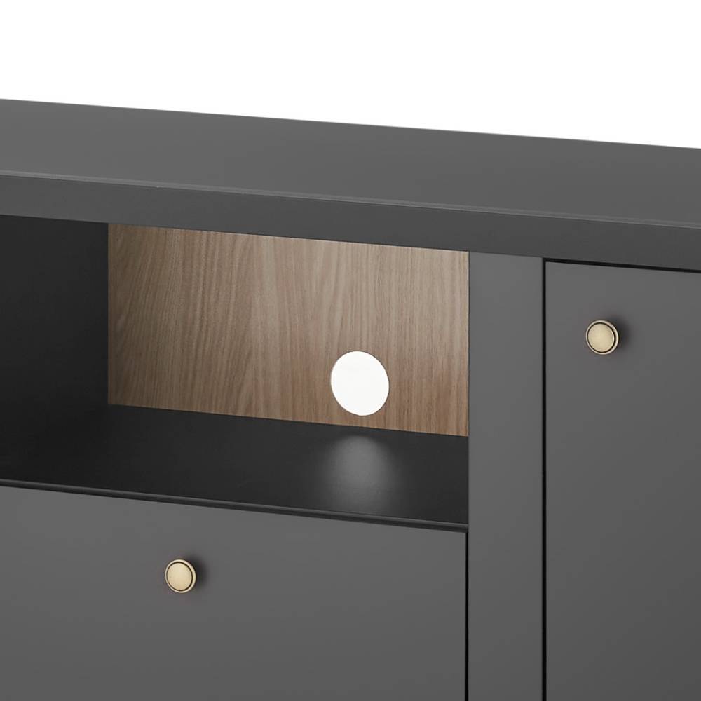 TV Lowboard Enjta mit einem offenen Gerätefach und Türen