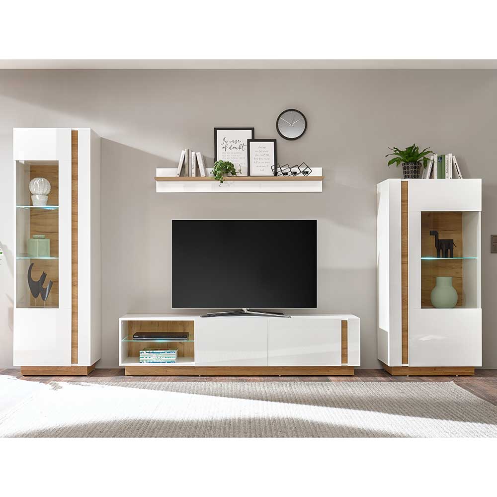 Wohnzimmer Anbauwand Franvos in Weiß und Wildeiche Optik im Skandi Design (vierteilig)