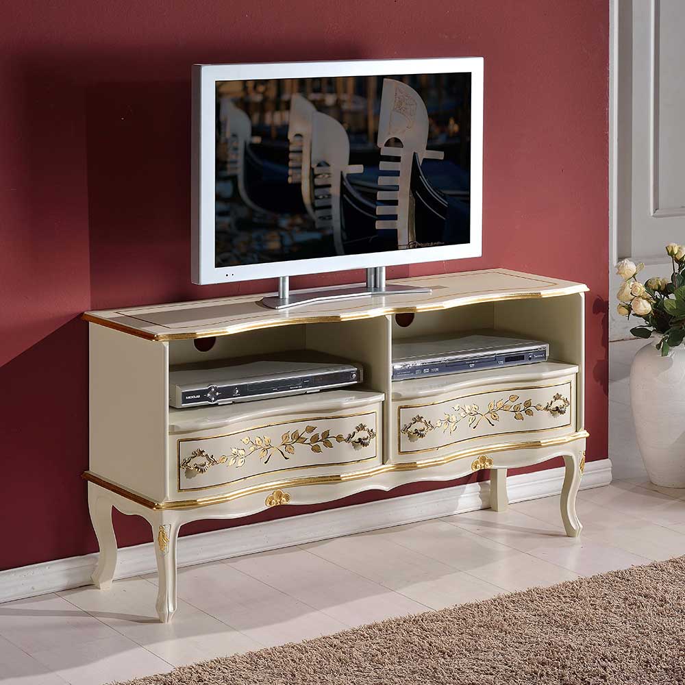 Barockstil TV Board Lotresca in Weiß und Goldfarben verziert 110 cm breit
