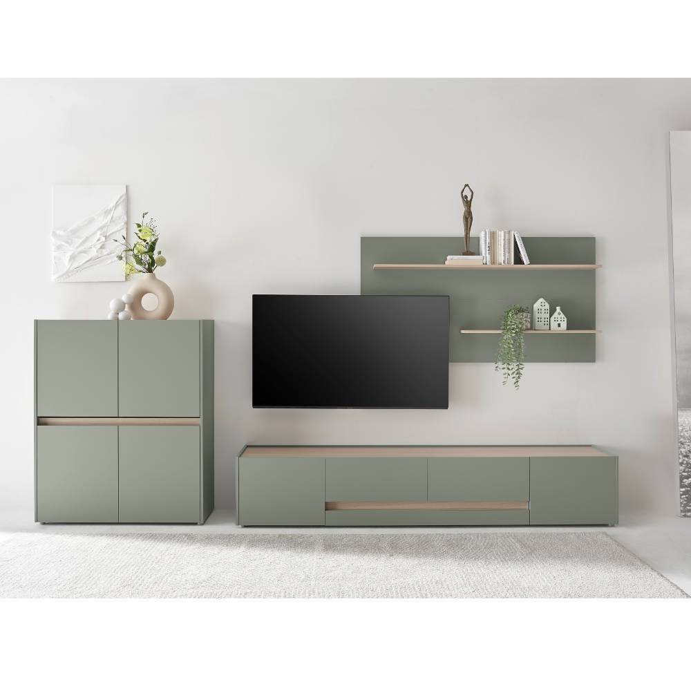 Wohnzimmerschrankwand Ulfava in Graugrün 320 cm breit (dreiteilig)