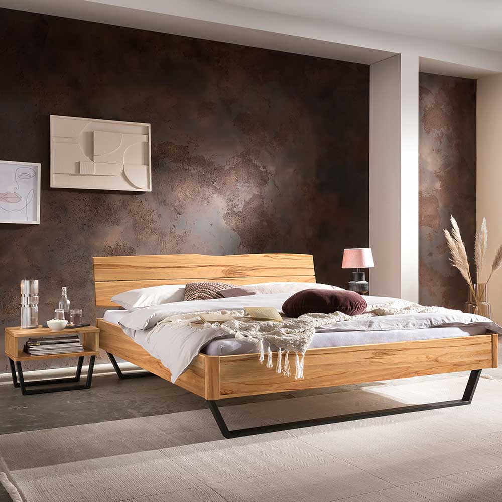 Wildbuche Doppelbett Ubasta mit Metall Bügelgestell im Loft Stil