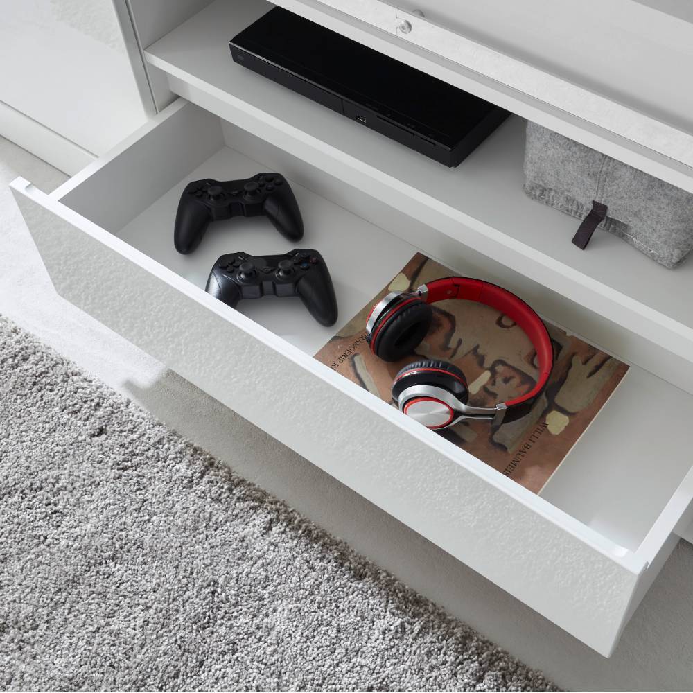 TV Lowboard Melvyno mit 2 Schiebetüren und einem offenen Gerätefach