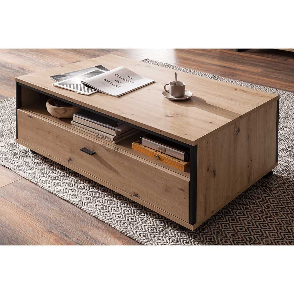 Rollbarer Couchtisch Geronda in Eichefarben und Anthrazit 115 cm breit