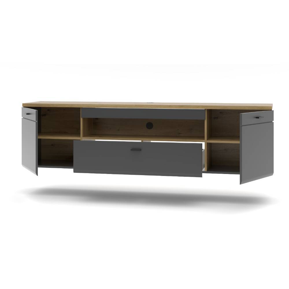 Wohnwand modern Yarisis Wandmontage in Wildeichefarben & Dunkelgrau (achtteilig)
