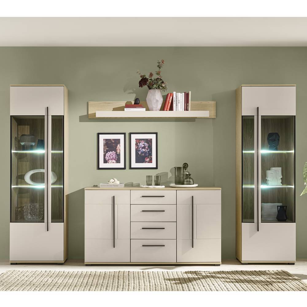 Wohnzimmerwand modern Helina in Beigegrau und Wildeiche Bianco (vierteilig)
