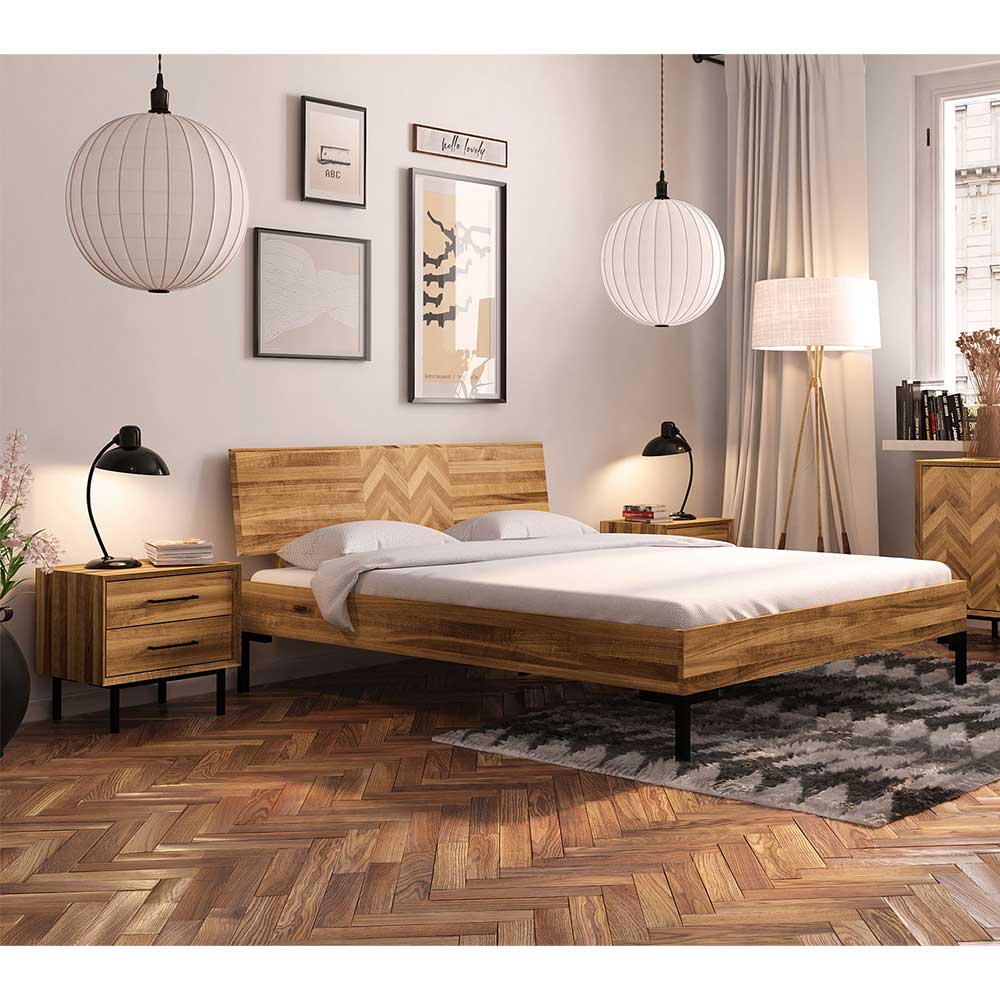 Wildeiche Holzbett Yalley im Skandi Design mit Gestell aus Metall